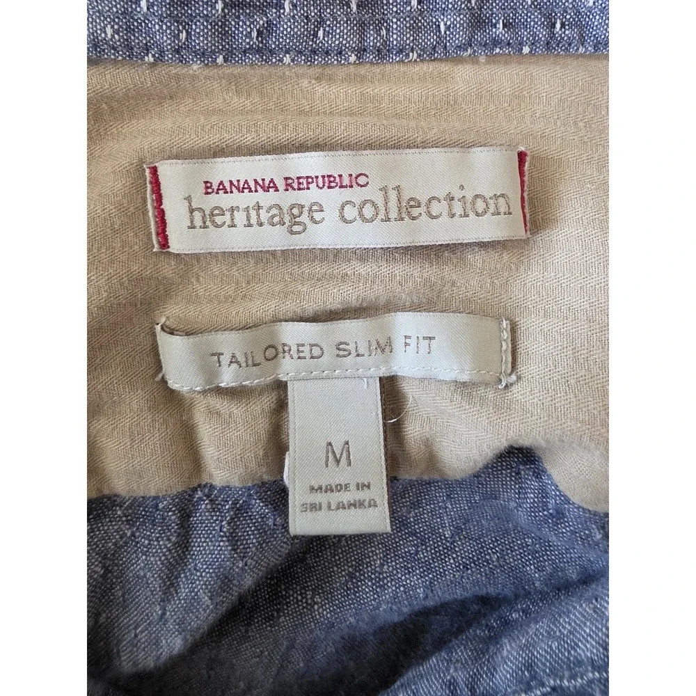 Banana Republic Men Linen Shirt M Blue Dot Long Sleeve Button-Up Classic